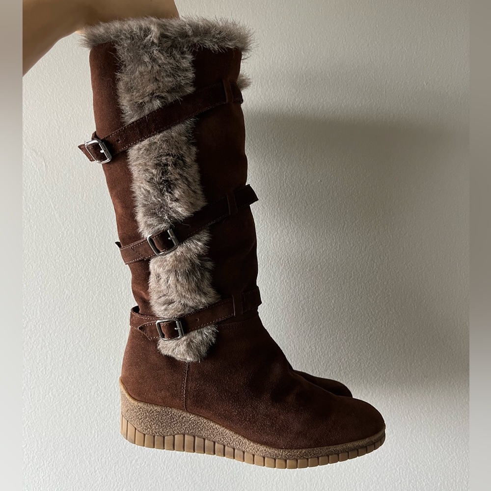 Brown Suede Wedge boots with fur lining and trim with 3 buckles on each boot